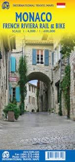 MONACO FRENCH RIVIERA RAIL & BIKE MAP.  This is a very detailed map of Monaco in the French Riviera.  It includes roads, rivers, points of interest, top attractions, and icons showing parks, airports, railways, and more.  Colored-coded to elevation.