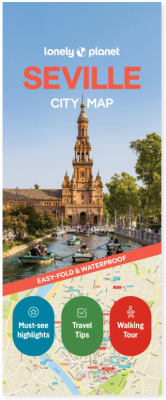 Lonely Planet Seville City Map featuring Plaza de EspaÃ±a photo, waterproof emblem, must-see highlights badge, and city map layout.