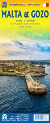 TMB Malta and Gozo travel reference map featuring 1:28,500 scale roads, ferry routes, and Valletta city street insets.