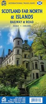 Scotland Far North & Islands Travel Map.  This map includes spot elevations, roads, rivers, and a detailed legend with icons showing points of interest.