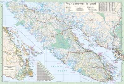 Vancouver Island Wall Map . This comprehensive map is printed on a good quality paper and features roads, highways and all provincial parks. This map also includes a city index, distance chart and an inset of Victoria to Nanaimo on this easy to read map