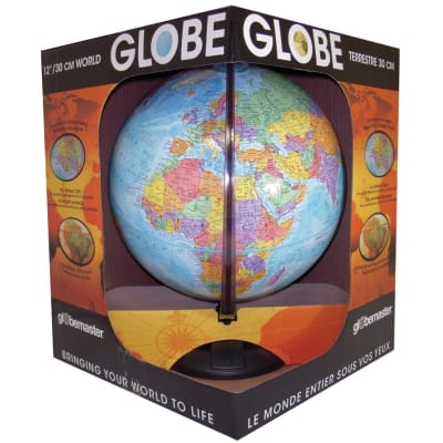 World Globe - Traveler 12 inch REPLOGLE. Light weight and durable, this 12 inch diameter blue-ocean globe has raised relief and is a great resource for elementary, middle, high school students. The smoked black plastic base and meridian are scratch resist