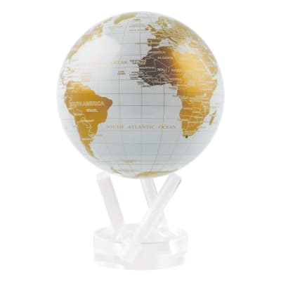 MOVA Globe White and Gold - 4.5 Inches wide - solar powered. If luxury is your style, this globe design is sure to please. A sight to behold, the map features a crisp white ocean canvas that is decorated with clean lines, pencil-sharp details.