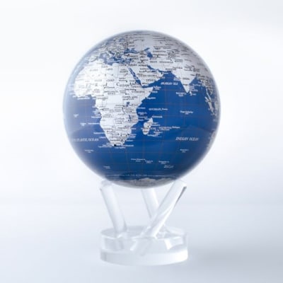 MOVA 4.5-inch Blue and Silver Solar Powered Globe with luminescent silver landmasses and clear acrylic stand.