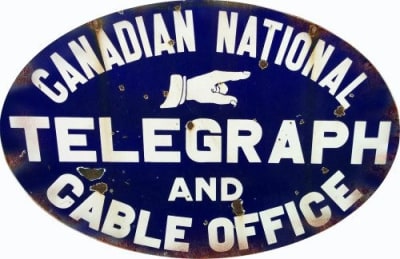 Step back in time with this authentic-looking Replica Canadian National Telegraph and Cable Office Metal Sign. A perfect piece of historical decor, this sign measures 9 by 14 inches and weighs a solid 2 pounds. Each sign is meticulously hand-made in the U