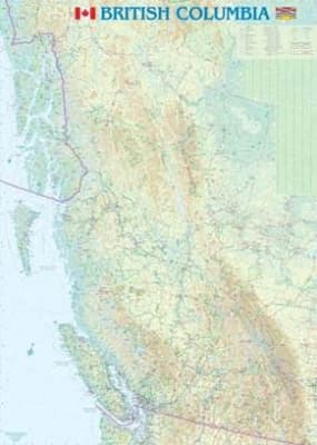 Large, attractive wall map of British Columbia, Canada, showing physical relief, roads, lakes, rivers, and the location of National and Provincial Parks. Close-up of the British Columbia wall map, detailing the Vancouver, Victoria, and Vancouver Island ar