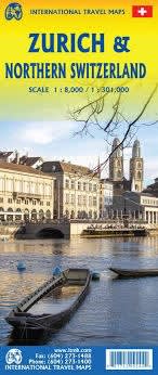 Double-sided travel map of Zurich Old Town and a regional road map of Northern Switzerland including Rhine Falls.