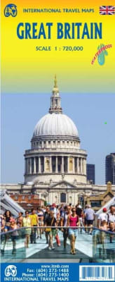 Great Britain Travel & Road Map. Detailed 1:720,000 scale map of all of Great Britain showing highways, roads, ferry paths and travel times, and railways. Icons are shown for tourist information, as well as rivers, lakes and waterfalls. Map is color-coded