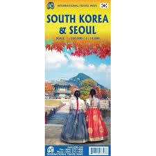 South Korea & Seoul Travel map. This is a detailed map featuring transportation routes, points of interest and accommodation locations. Includes a map of Seoul on the back. Ships folded.