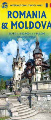 Double-sided Moldova and Romania travel road map displaying highways, city centers, castles, and cultural points of interest.