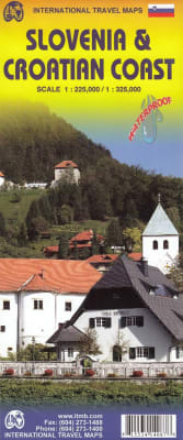 Slovenia & the Croatian Coast Travel Road Map. A detailed map of Slovenia and an inset map of Ljubljana is on one side. The reverse side shows a map of the Dalmatian Coast. The map shows the Pula Peninsula, the coastal islands of Cres, Brac, and Havar, an