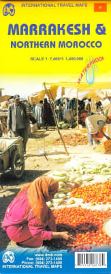 Northern Morocco & Marrakesh travel map. The fabled city of Marrakesh (also can be spelled Marrakech), with its enormous Medina (old town) and its souks and mosques, is one of the most visited cities in Africa. This map is double-sided, with a very large-