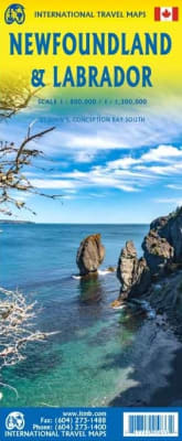 Detailed road map of Newfoundland and Labrador showing highways, parks, and St. Pierre et Miquelon ferry routes.