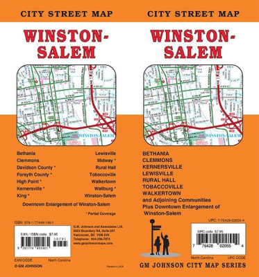 WINSTON SALEM ROAD MAP.  This is a detailed road map which also includes Bethania, Clemmons, Kernersville, Lewisville, Rural Hall, Tobaccoville, Walkertown and adjoining communities.