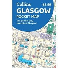 GLASGOW COLLINS POCKET MAP.  This is a detailed pocket size map of Glasgow with clear street level mapping, and showing top tourist attractions and places to visit.