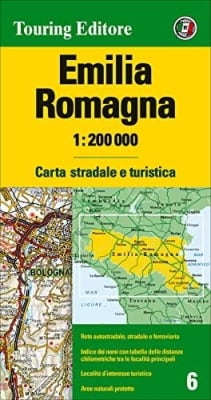 Emilia Romagna Travel & Touring map. This travel map of Emilia Romagna in Italy Includes roads with distances between points and chevrons for how steep it is, places names, points of interest and really nice cartography with shaded relief. Boundaries are