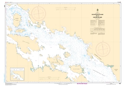Official nautical chart 5621 showing detailed depth soundings, island features, and navigation channels for Chesterfield Inlet between Rockhouse Island and Centre Island.