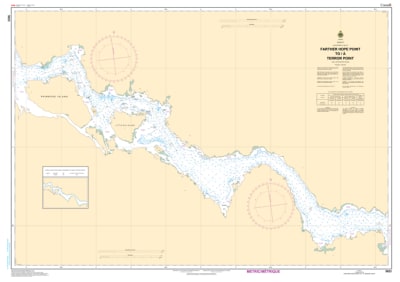 Navigate Nunavut's Chesterfield Inlet safely with CHS Chart 5623: Farther Hope Point to Terror Point. Features official 1:40,000 scale depths and hazard markers for the route to Baker Lake.