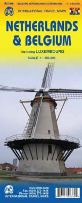 Netherlands, Belgium & Luxembourg travel map. This is a double sided map with Netherlands on one side and Belgium and Luxembourg on the other. Motorways are in blue, main roads in green, and other roads in red casting. Road distances between points are no