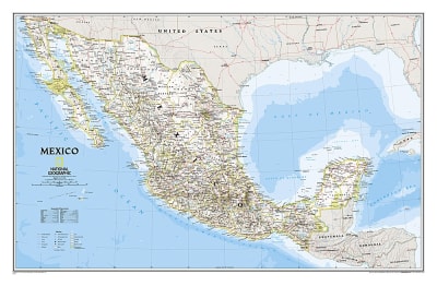 Mexico Classic - National Geographic Wall Map. Our most detailed wall map of Mexico. Features thousands of place names, accurate political boundaries, national parks including Cumbres de Monterrey National Park, biosphere reserves including El Vizcaino Bi