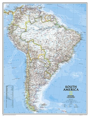 South America Political National Geographic Wall Map. This classic map of South America shows political boundaries, place names, airports, major roads and highways, and other geographic features for the entire continent. This version is enlarged. Choose p