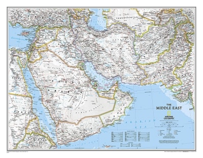 Middle East Political Wall Map - National Geographic. This wall map covers a broad geographic area ranging from northern Africa through the Middle East to the western edge of China and India. Includes complete coverage of Afghanistan, Pakistan, Tajikistan