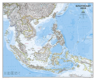 SE Asia Political Wall Map - National Geographic. The Southeast Asia map is a detailed classic style reference map containing detailed bathymetric data and current political boundaries, as well as thousands of place names. Also shown are the regions updat