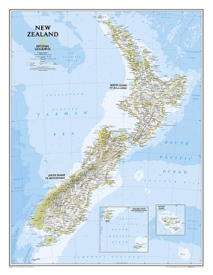 New Zealand Political Wall Map - National Geographic. The reference map of New Zealand uses National Geographic's signature Classic style with blue oceans and stunning shaded relief. The map shows this island nation in great detail, from the subtropical N