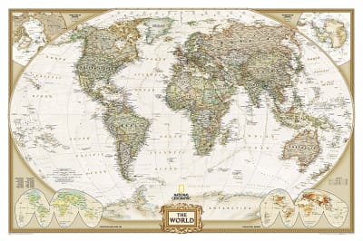 World Executive National Geographic Wall Map. This elegant, richly colored antique-style world map features the incredible cartographic detail that is the trademark quality of National Geographic. The map features a Tripel Projection, which reduces distor