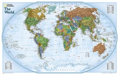 World Explorer Wall Map - National Geographic. The colorful World Explorer map is designed using the Winkel Tripel projection, which reduces the distortion of land masses near the poles. Inset charts list largest cities by population and the largest count