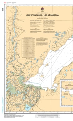 Official CHS 6310 nautical chart for Lake Athabasca (Lac Athabasca) showing 1:250,000 scale depths, navigational aids, and coastal details.