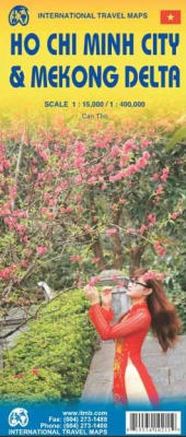 Ho Chi Minh & Mekong Delta Travel map.  This is a detailed travel map with Vietnam south on one side and a street map of Ho Chi Minh on the reverse.  The city map shows roads points of interest, top attractions, hotels, places to eat, and more.  It also i