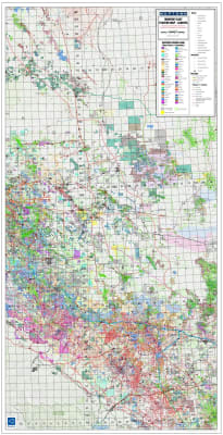 Montney East Alberta Geological Play map. This map covers Township 48 to 106, Range 8 W5 to the Alberta / BC border. Includes current township and section grids, lakes and rivers, cities and towns, parks and native reserves, wells, pipelines (high pressur