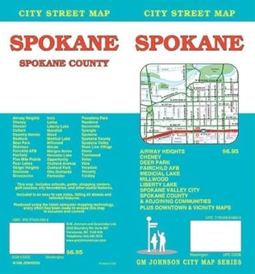 Detailed city map showing highways, street names, recreation trails, informative icons such as schools and parks etc.  A Spokane County map and Spokane and Vicinity map  is included.  Also several insets of districts within the county are shown.