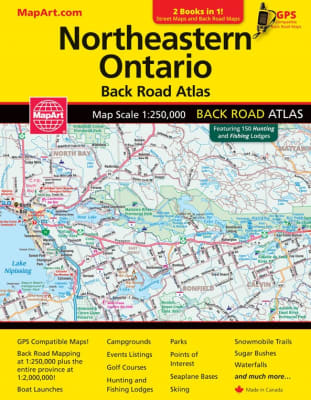 NE Ontario Back Road Atlas. Includes communities of Blind River, Calledar, Chapleau, Cobalt, Cochrane, Elliot Lake, Espanola, Hearst, Hornepayne, Iroquois Falls, Kapuskasing, Kirkland Lake, Longlac, Manitouwadge, Mattawa, North Bay, Sault Ste Marie, Smoot