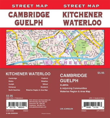 Kitchener, Waterloo Street Map Includes Cambridge, Elmira, Guelph, North Dumfries, Puslinch, Wilmont, Woolwich. It shows transportation, boundaries, services, culture centres, and road designations.