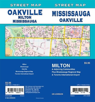 Detailed street map of Mississauga, Oakville, and Milton featuring Toronto Pearson International Airport, transit routes, and regional boundaries.