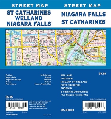 Niagara Falls, St. Catharines Street Map Includes Welland, Fort Erie, Niagara-on-the-lake, Port Colborne, Thorold and adjoining communities, and Niagara Frontier map. It shows transportation, boundaries, services, culture centres, and road designations.