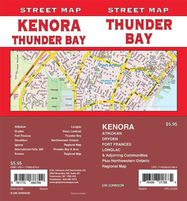 Kenora & Thunder Bay Detailed Street map. This map includes Atikokan, Dryden, Fort Frances, Geraldton, Ignace, International Falls, Kenora, Longlac, Sioux Lookout, Northwestern Ontario. It shows transportation, boundaries, services, culture centers, and r