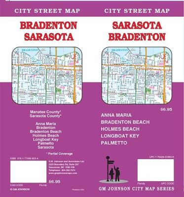 Sarasota Brandenton City Street Map. Includes Manatee County, Sarasota County, Anna Maria, Bradenton, Bradenton Beach, Holmes Beach, Longboat Key, Palmetto, Sarasota partial coverage.