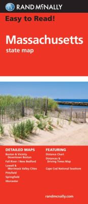 Massachusetts State road map. Includes detailed maps of Boston and vicinity, downtown Boston, Cape Cod National Seashore, Lowell / Lawrence, New Bedford / Fall River, Springfield and Worcester. Shows all Interstate, U.S., state, and county highways and mu