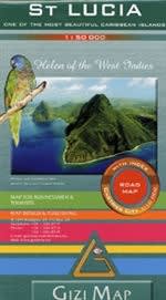 Front cover of the St. Lucia Travel and Road Map showing detailed topographic altitude coloring, the Pitons, and regional diving sites.
