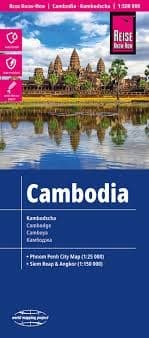 Cambodia travel road map. Reise Know-How maps are double-sided multi-language, rip proof, waterproof maps with very modern cartographic style. Each map is very clear and detailed with an index of place names and often include inset maps.