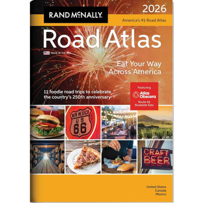 Front cover of the Rand McNally 2026 Road Atlas featuring culinary road trips.
