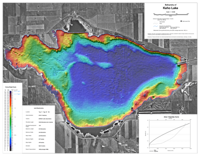 Keho Lake Alberta color bathymetric depth map showing underwater contour lines, 1:10,000 scale cartography, and boat launch access.