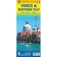 VENICE & NORTHERN ITALY TRAVEL ROAD MAP.   The is a detailed map of Venice which includes the Vaporetto water bus routes through the city.  The reverse side shows the northern half of the country from Rome to the northern border. The map has been printed