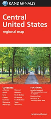 Central United States Regional Map. Covers the states of Arkansas, Illinois, Iowa, Kansas, Louisiana, Minnesota, Mississippi, Missouri, Nebraska, North Dakota, Oklahoma, South Dakota, Texas, and Wisconsin. Rand McNallys folded map featuring the Central U