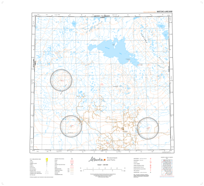 AB084M - BISTCHO LAKE - Topographic Map. The Alberta 1:250,000 scale paper topographic map series is part of the Alberta Environment & Parks Map Series. They are also referred to as topo or topographical maps is very useful for providing an overview of an