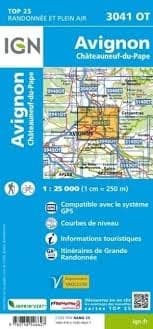 IGN TOP 25 map 3041 OT of Avignon and ChÃ¢teauneuf-du-Pape showing detailed hiking trails, vineyards, contour lines, and the RhÃ´ne River.