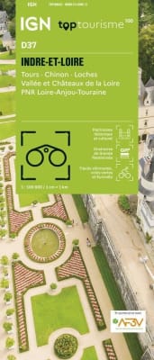 IGN Top 100 (D37) Indre-et-Loire travel map featuring Tours, Chinon, Loches, Loire Valley ChÃ¢teaux, and PNR Loire-Anjou-Touraine trails.